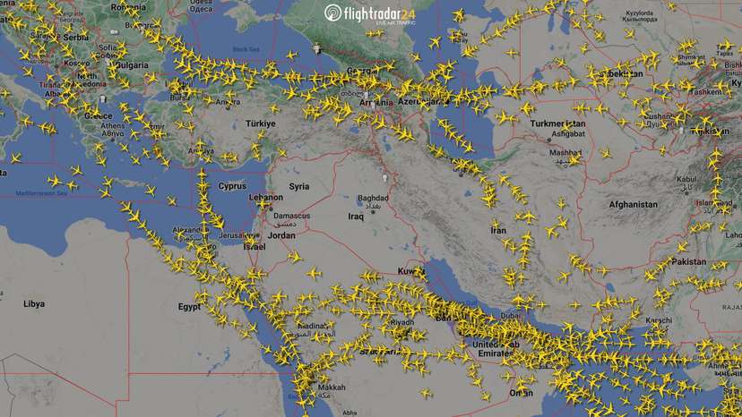 FILE PHOTO: A graphical representation of air traffic shows airspace over Iran and the neighbouring Middle East