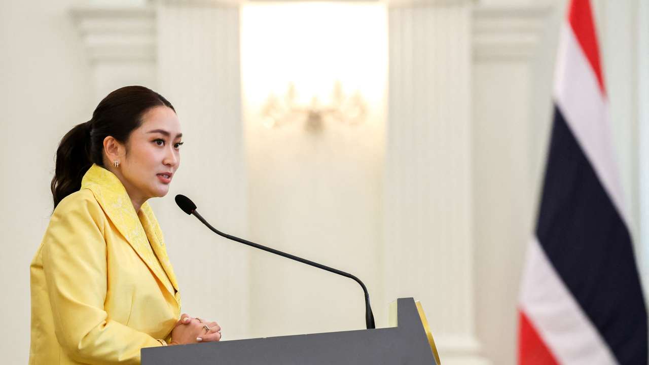 Thailand's Prime Minister Paetongtarn Shinawatra and her cabinet members attend a press conference in Bangkok