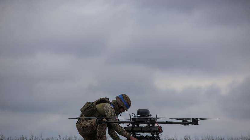 FILE PHOTO: Ukrainian serviceman prepares for a flight a heavy drone near a front line in Donetsk region