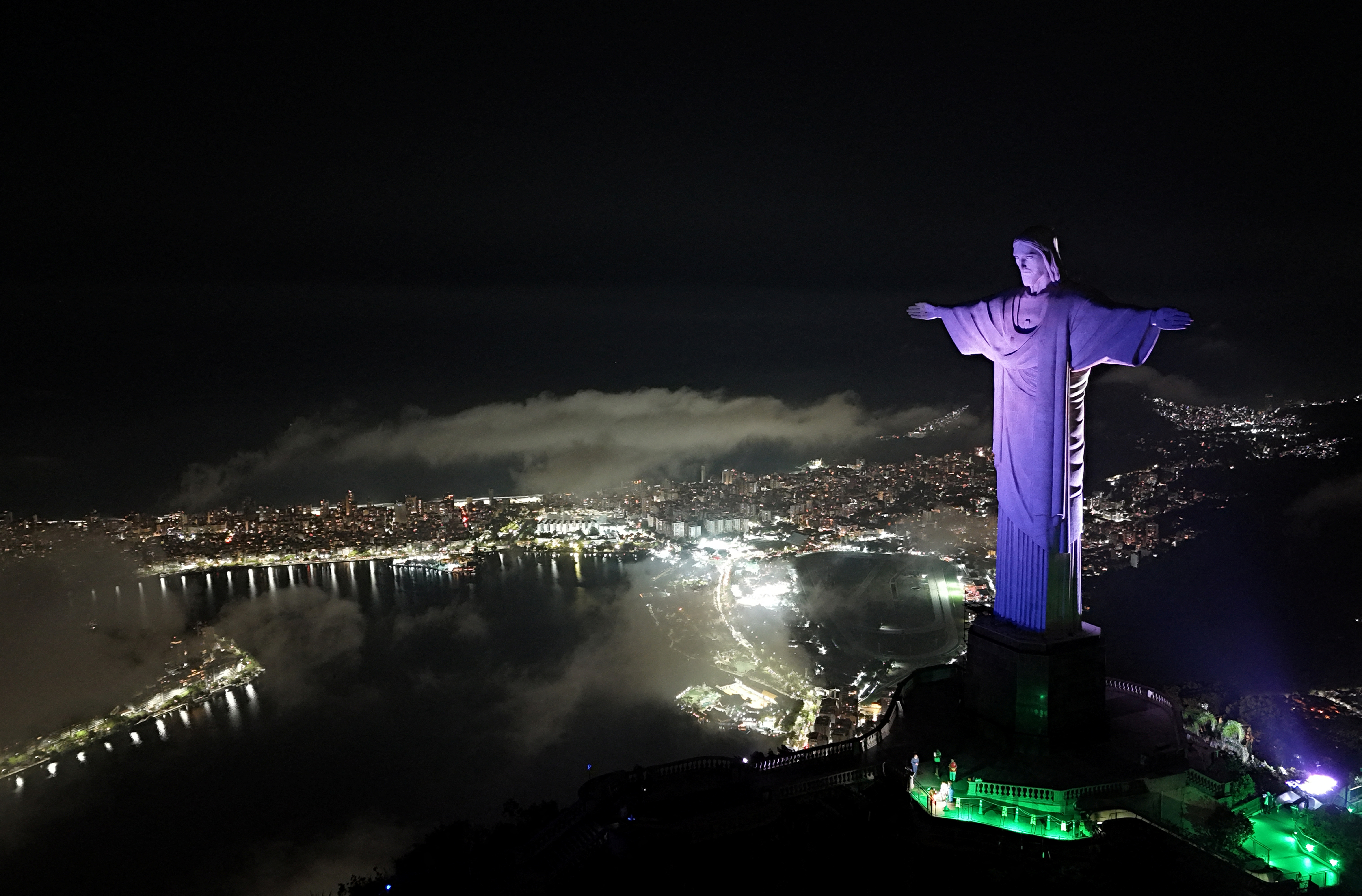 A drone view shows the Christ the Redeemer statue in Rio de Janeiro
