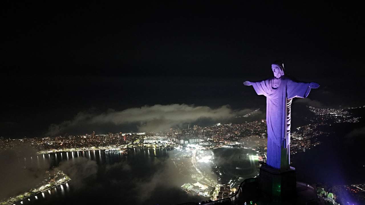 A drone view shows the Christ the Redeemer statue in Rio de Janeiro
