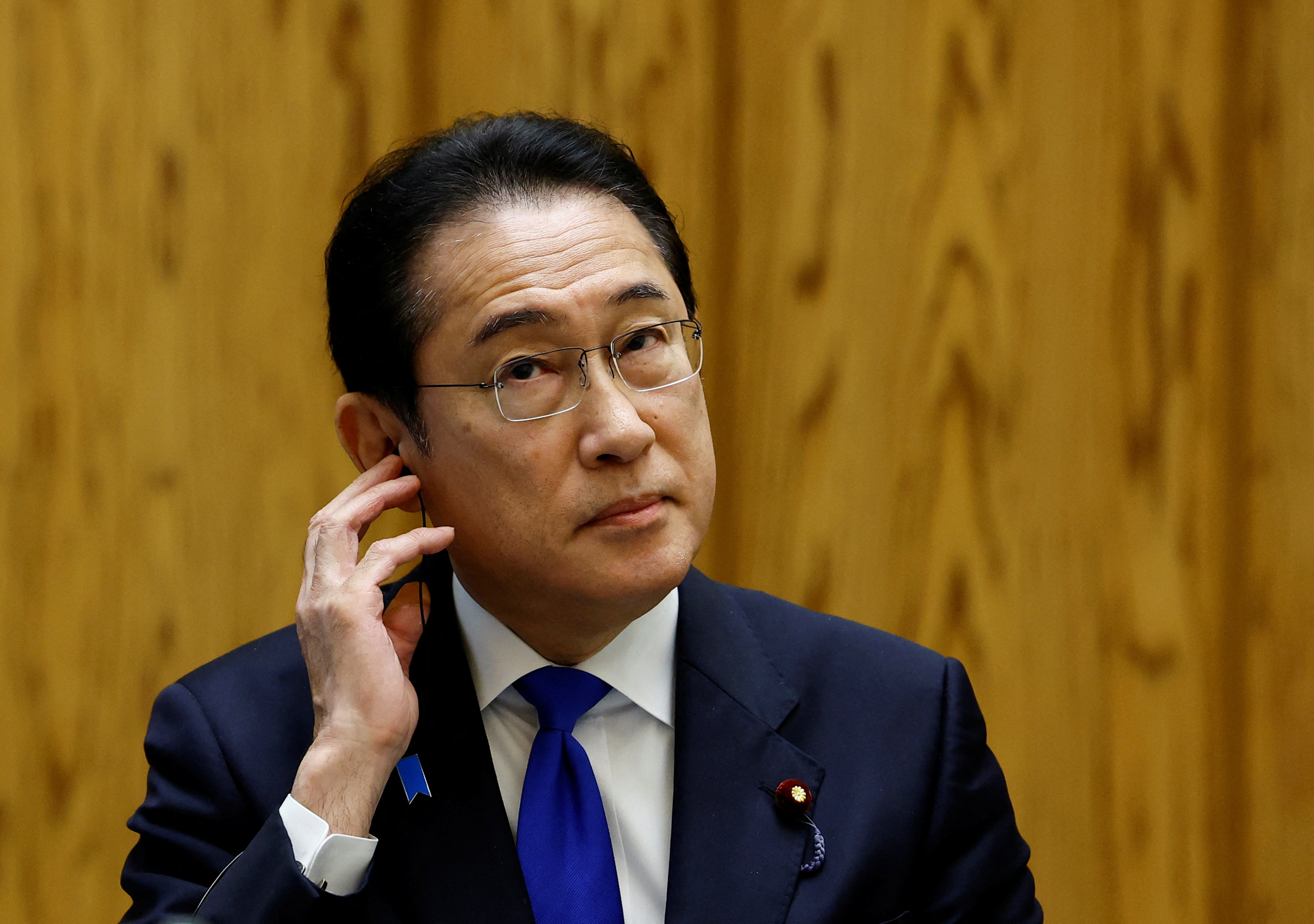 Japan's Prime Minister Fumio Kishida attends a group interview ahead of a planned summit next week with U.S. President Joe Biden, in Tokyo
