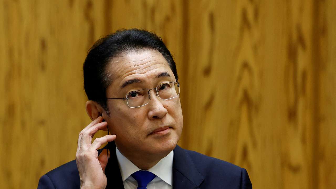Japan's Prime Minister Fumio Kishida attends a group interview ahead of a planned summit next week with U.S. President Joe Biden, in Tokyo