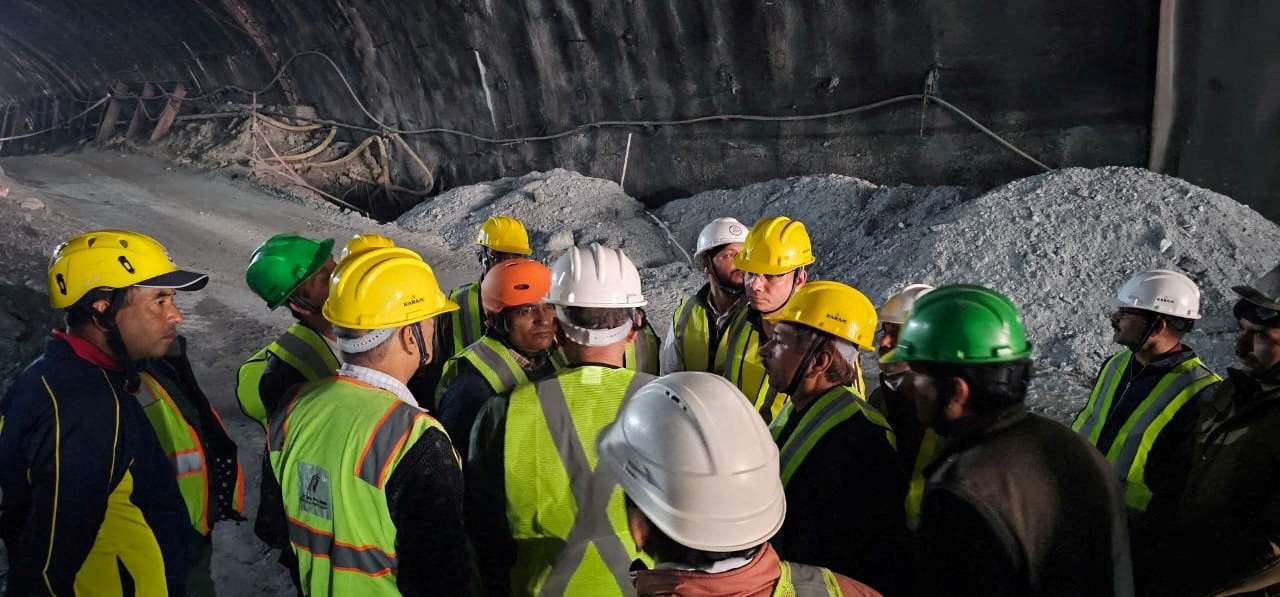 Members of rescue teams are pictured during a rescue operation after a portion of an under-construction tunnel collapsed in Uttarkashi