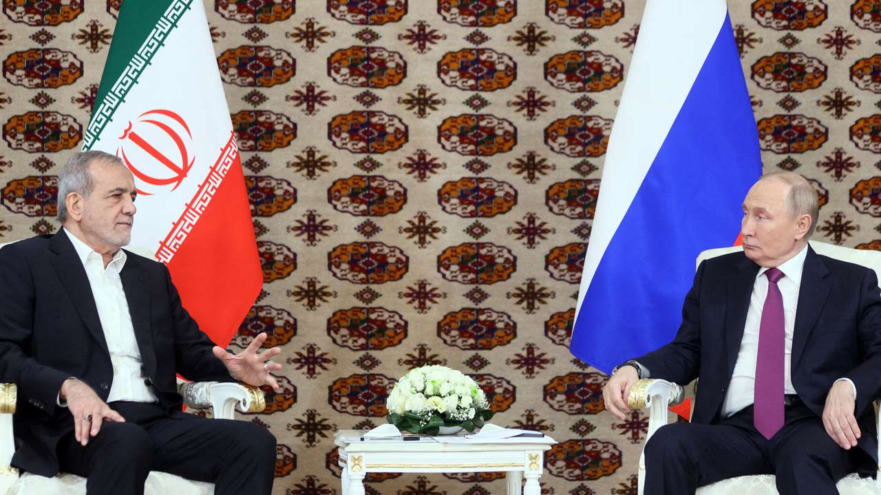 Russian President Vladimir Putin meets Iranian counterpart Masoud Pezeshkian on the sidelines of a cultural forum in Ashgabat