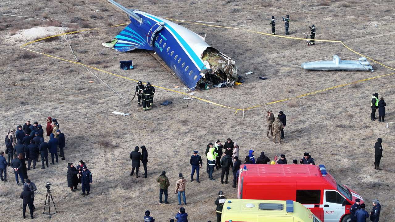 A drone view shows the crash site of a passenger plane near Aktau