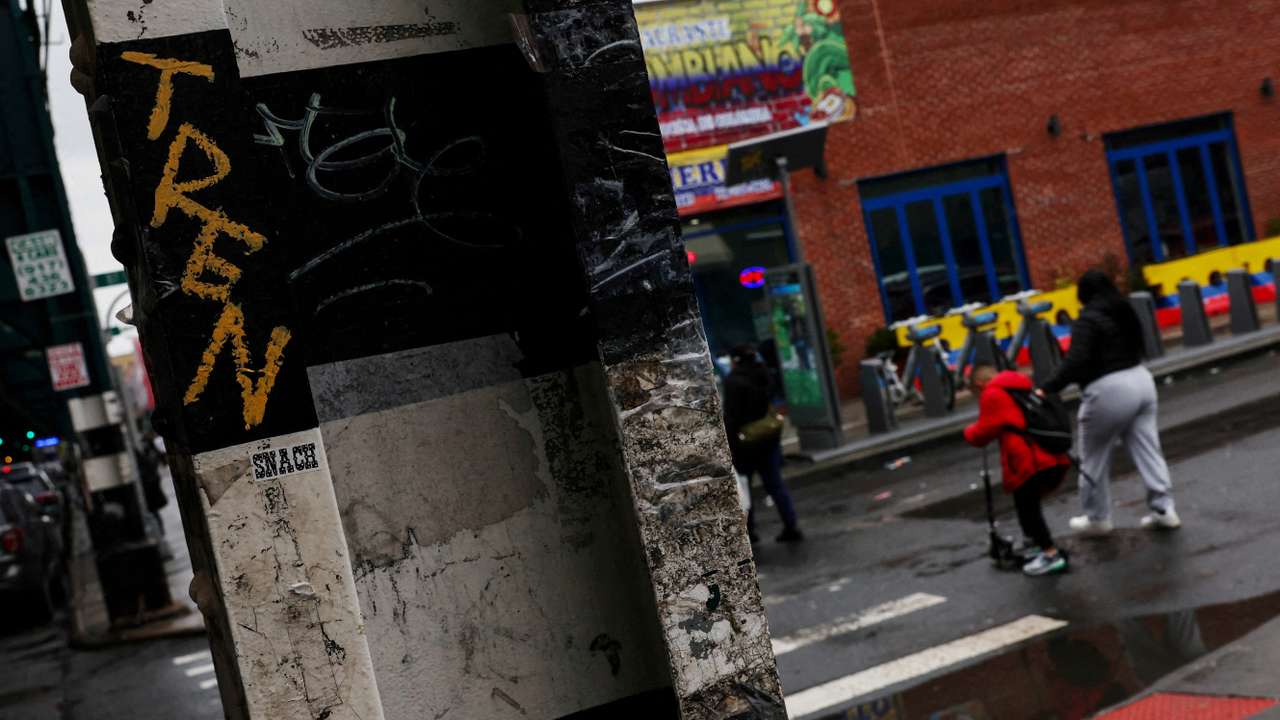 FILE PHOTO: Tren de Aragua graffiti is seen on a steel beam, as the Trump administration deported more than 200 Venezuelans, alleged members of the Venezuelan gang, to El Salvador over the weekend, in New York City