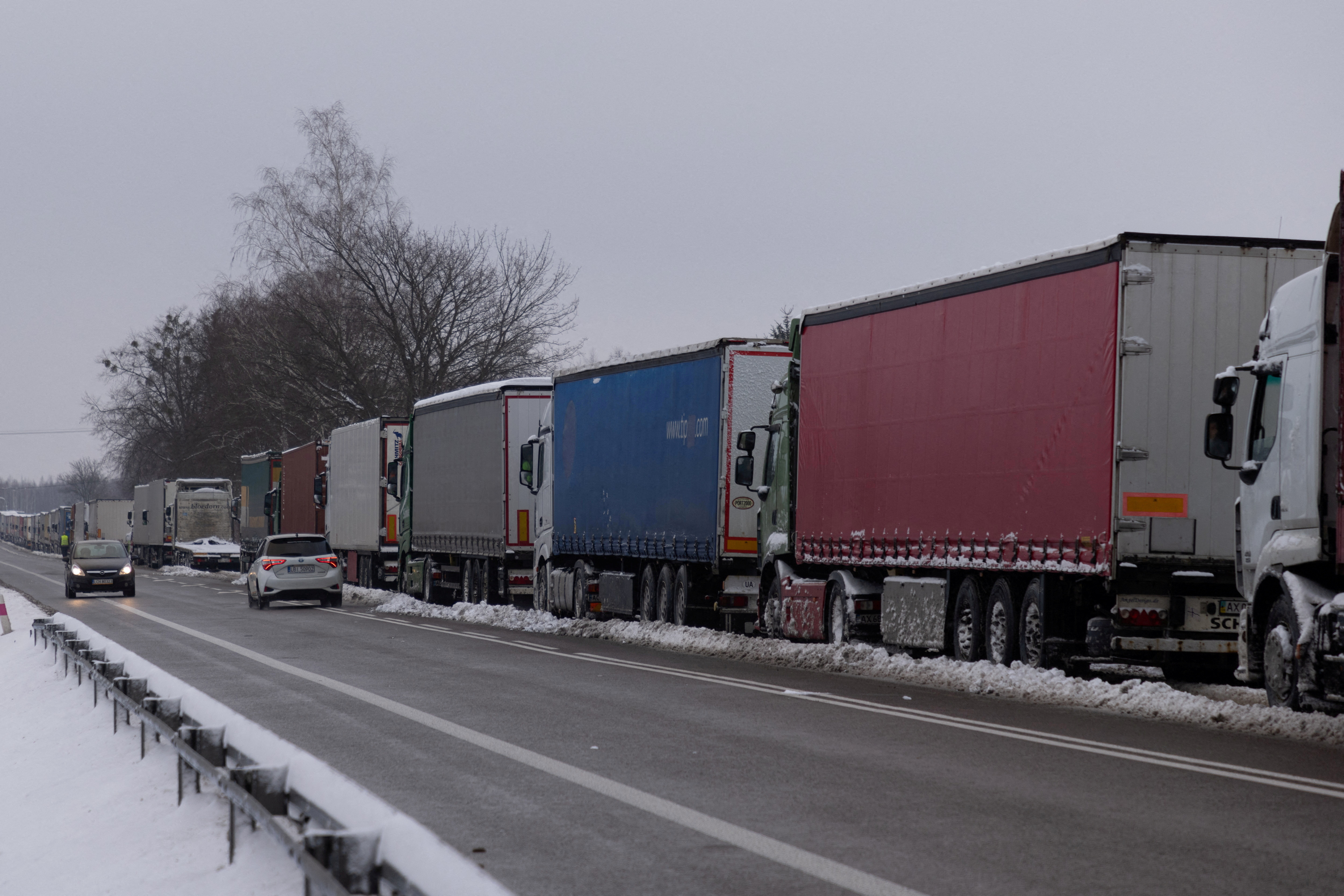 FILE PHOTO: Trucks stuck in queue border at crossing with Ukraine, as Polish truckers protest