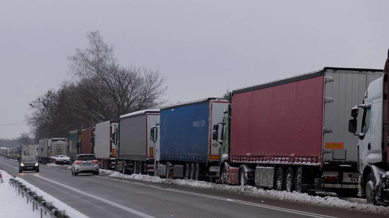 FILE PHOTO: Trucks stuck in queue border at crossing with Ukraine, as Polish truckers protest