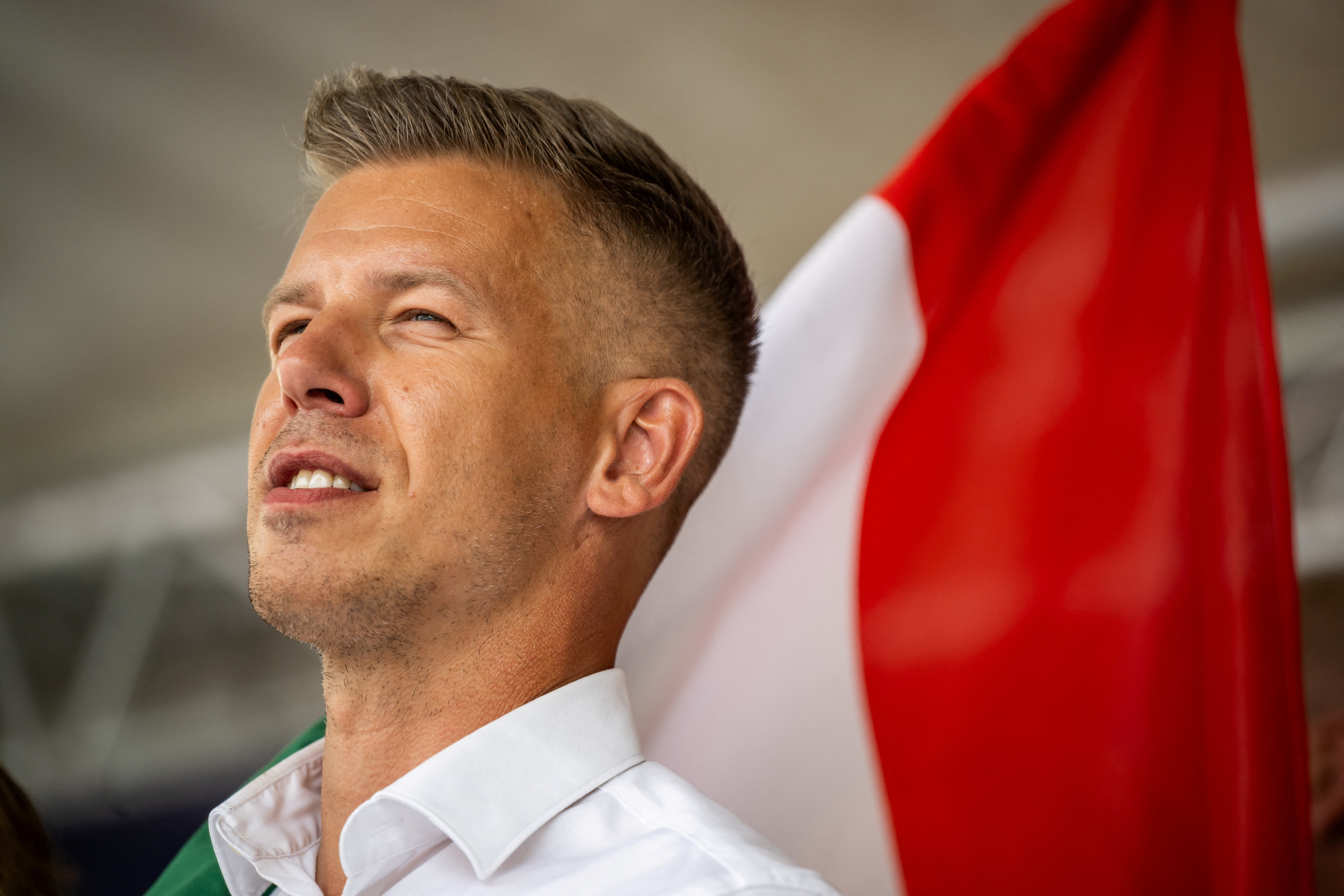 Peter Magyar, Hungarian opposition leader, delivers a speech in Szekesfehervar