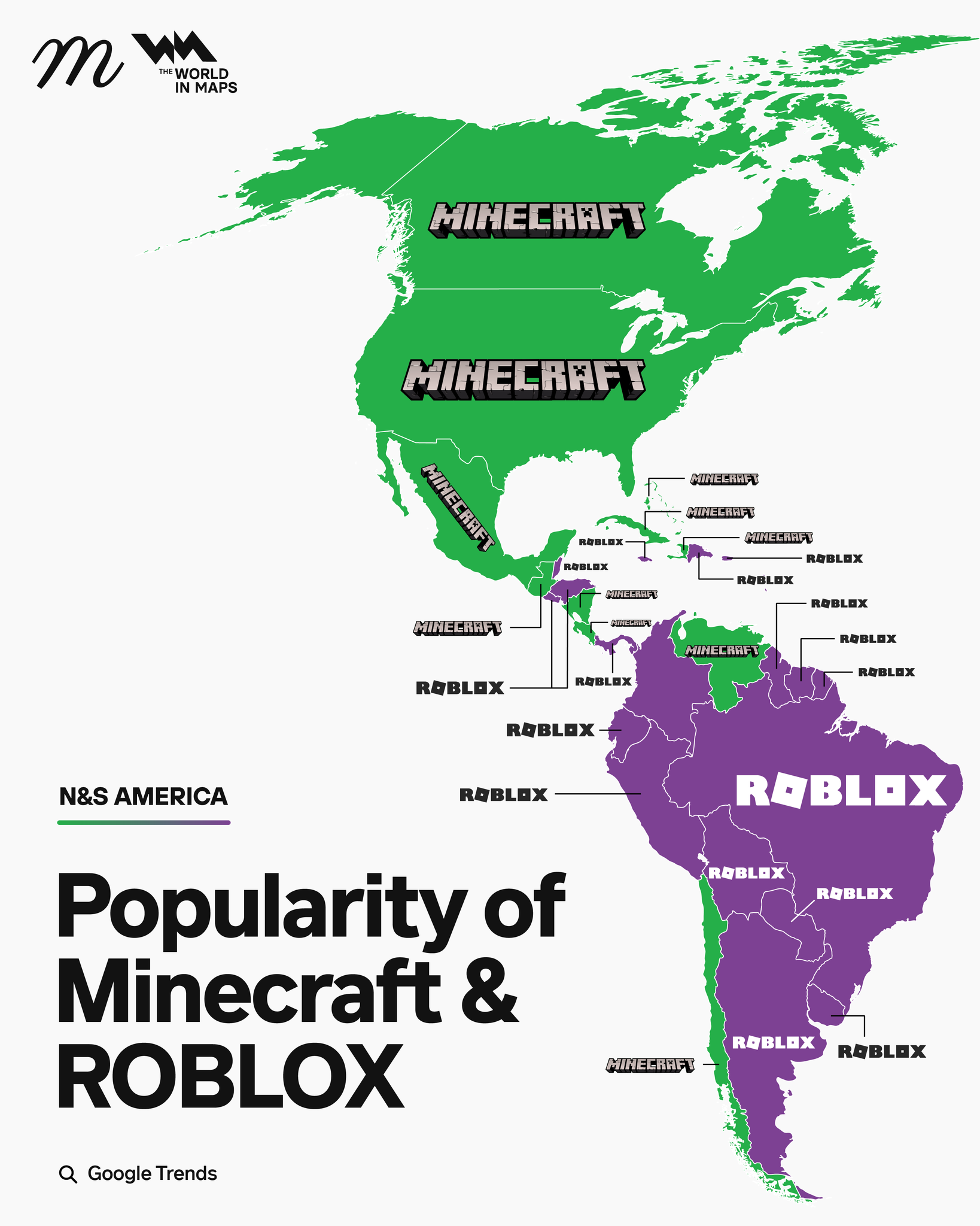 Minecraft dominates North America while Roblox leads South America in Google searches
