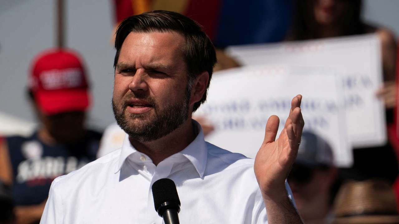 Republican U.S. vice presidential nominee Senator JD Vance speaks at Tucson Speedway