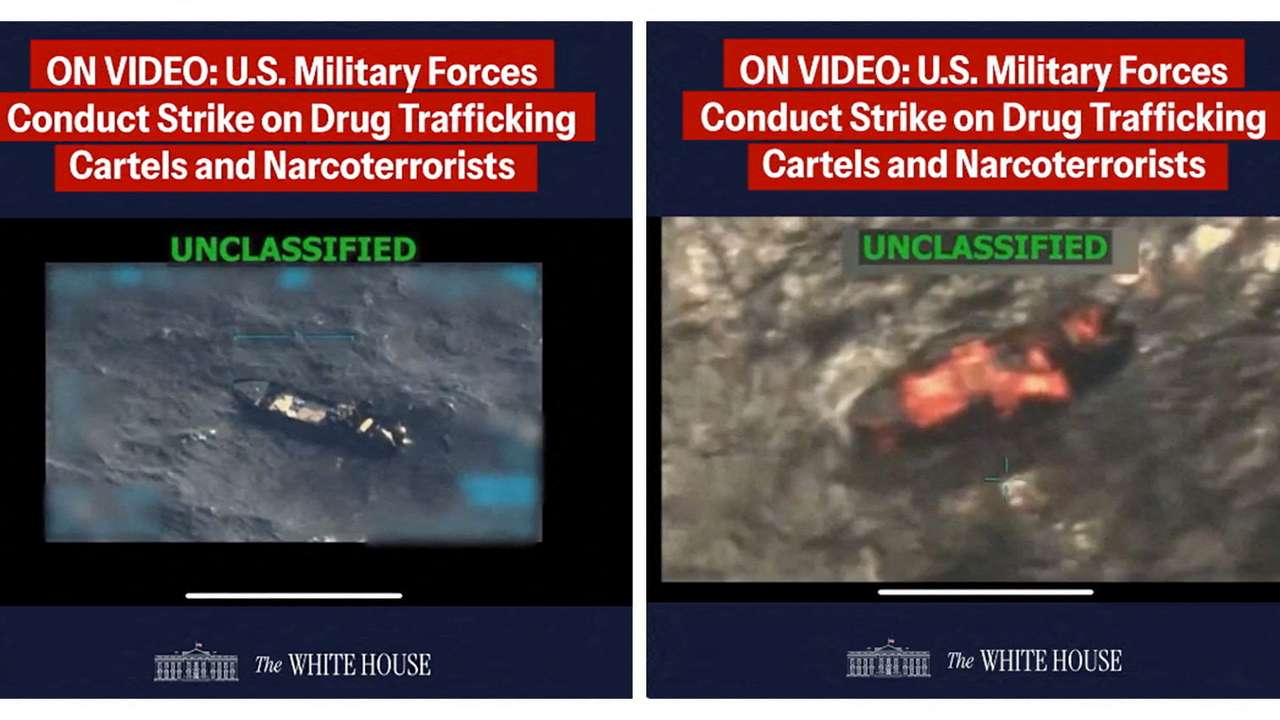 FILE PHOTO: A combination image shows two screen captures from a video posted on the X account of The White House depicting what U.S. President Trump said was a U.S. military strike on a Venezuelan drug cartel vessel