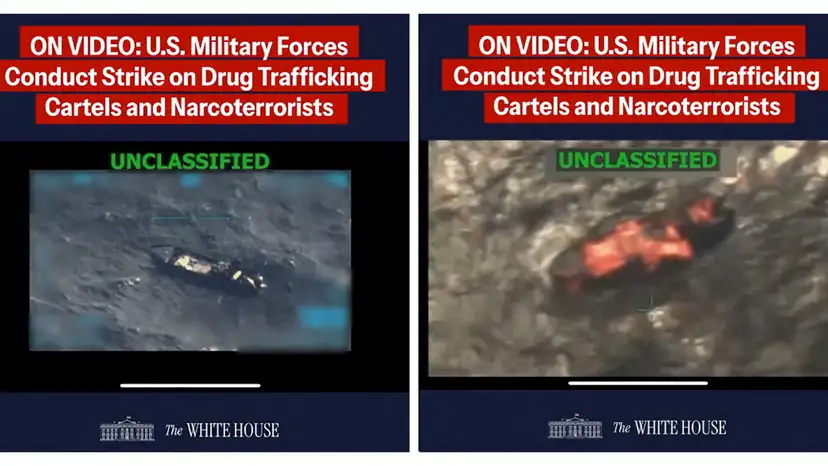 FILE PHOTO: A combination image shows two screen captures from a video posted on the X account of The White House depicting what U.S. President Trump said was a U.S. military strike on a Venezuelan drug cartel vessel