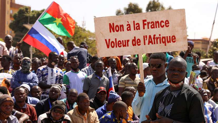 FILE PHOTO: People gather to show their support to Burkina Faso's new military leader Ibrahim Traore and demand the departure of the French ambassador in Ouagadougou