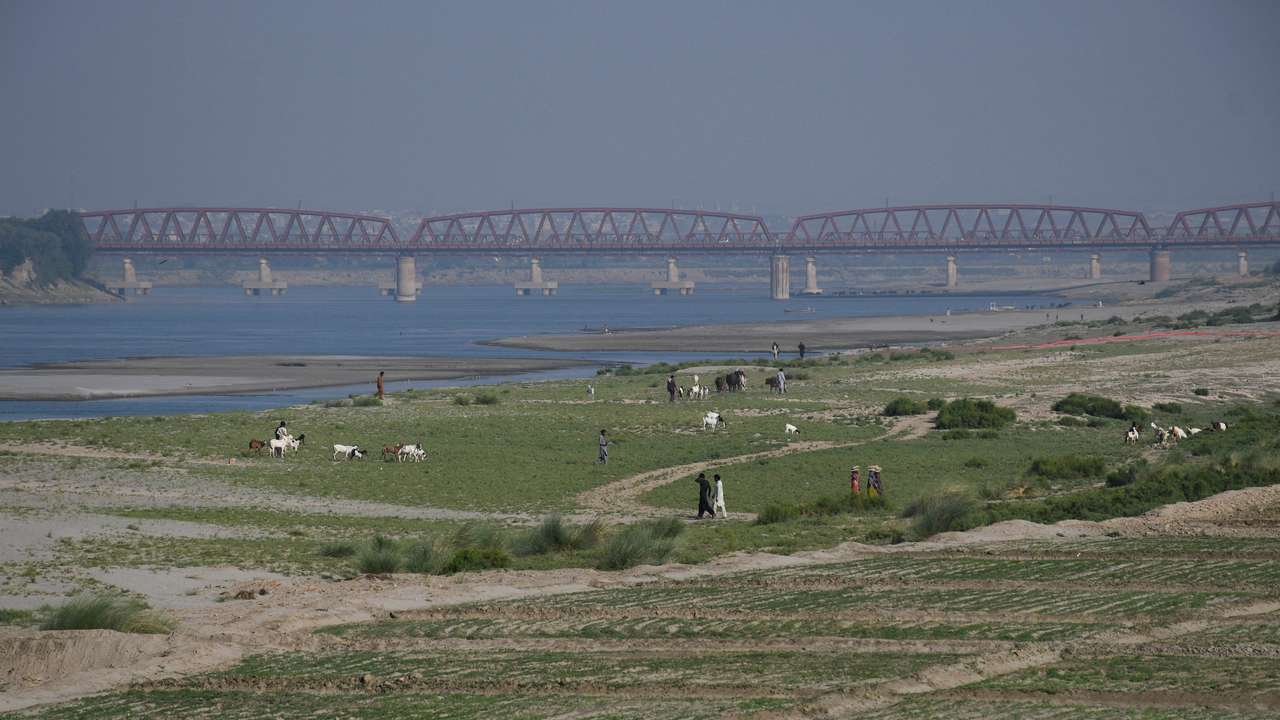 View of a cultivated land on the dry riverbed of the Indus River in Hyderabad