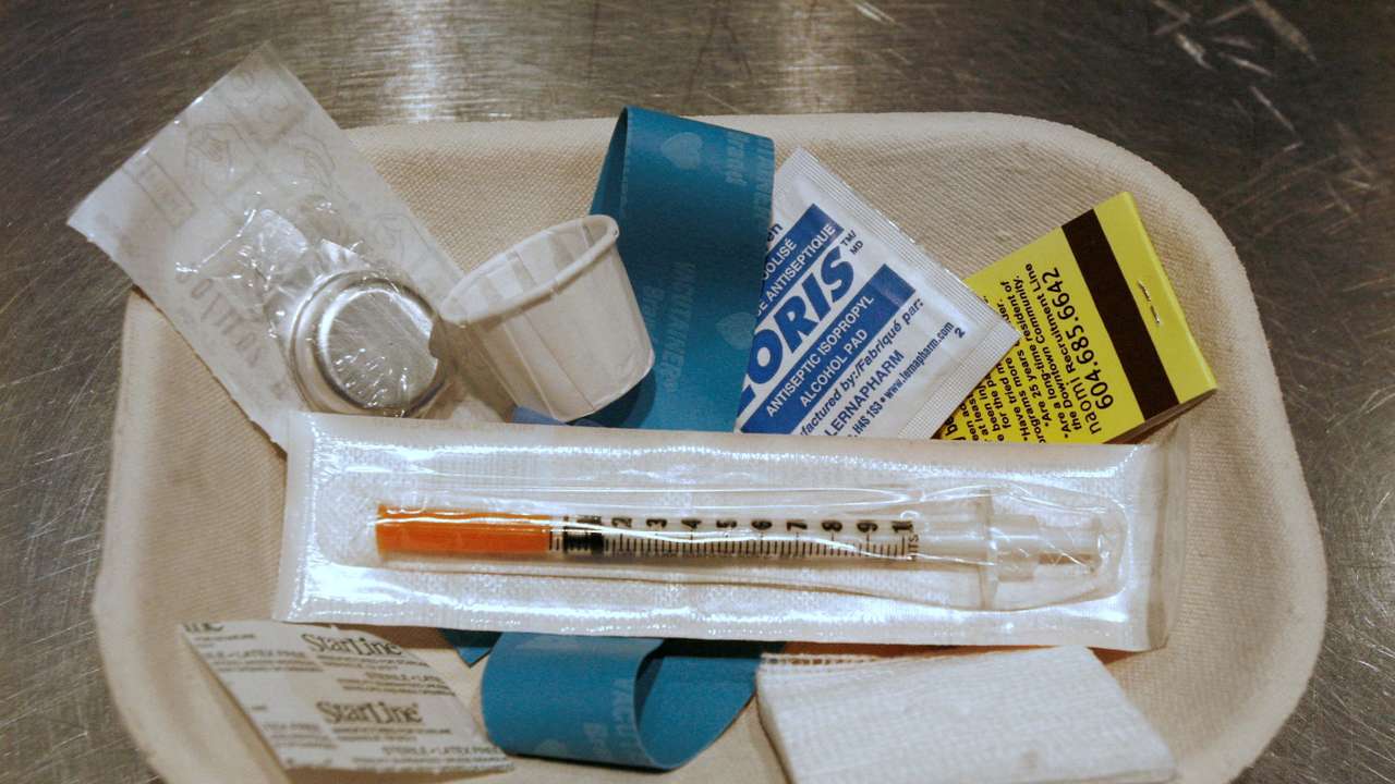 FILE PHOTO: Small kit of supplies waits to be used by drug addicts visiting safe injection site in Vancouver
