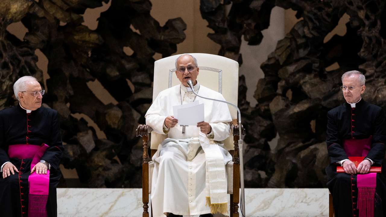 Pope Leo XIV holds an audience with representatives of the media in Paul VI hall at the Vatican