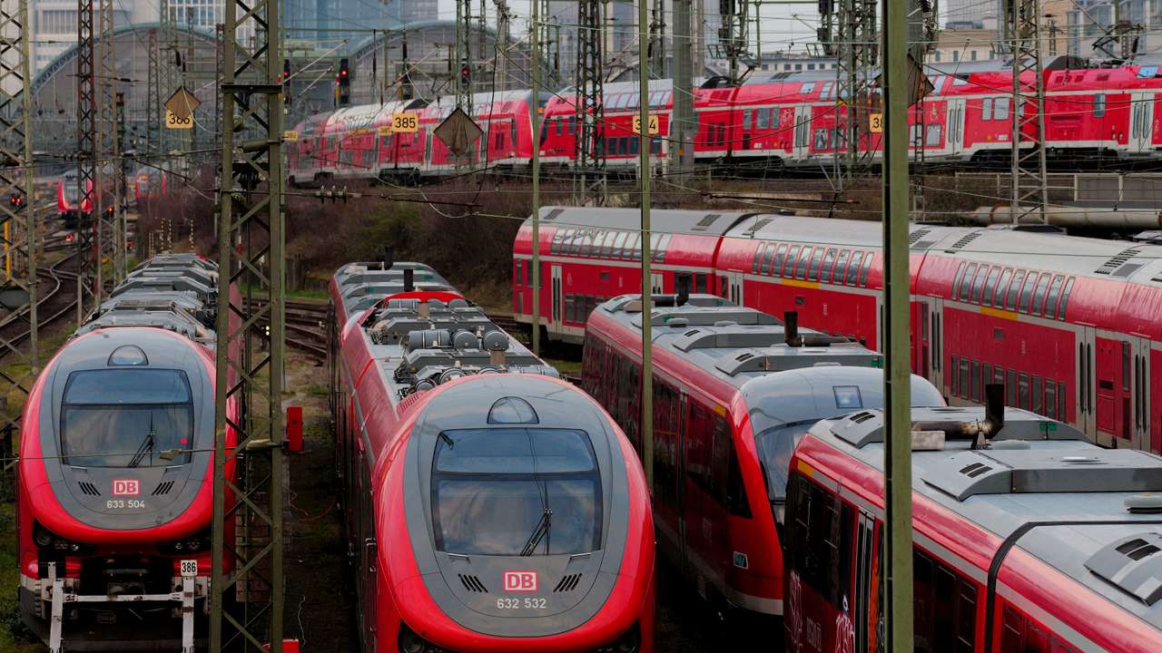 FILE PHOTO: Deutsche Bahn trains operate outside Frankfurt central station, Germany