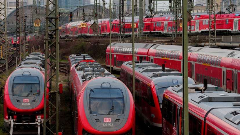 FILE PHOTO: Deutsche Bahn trains operate outside Frankfurt central station, Germany