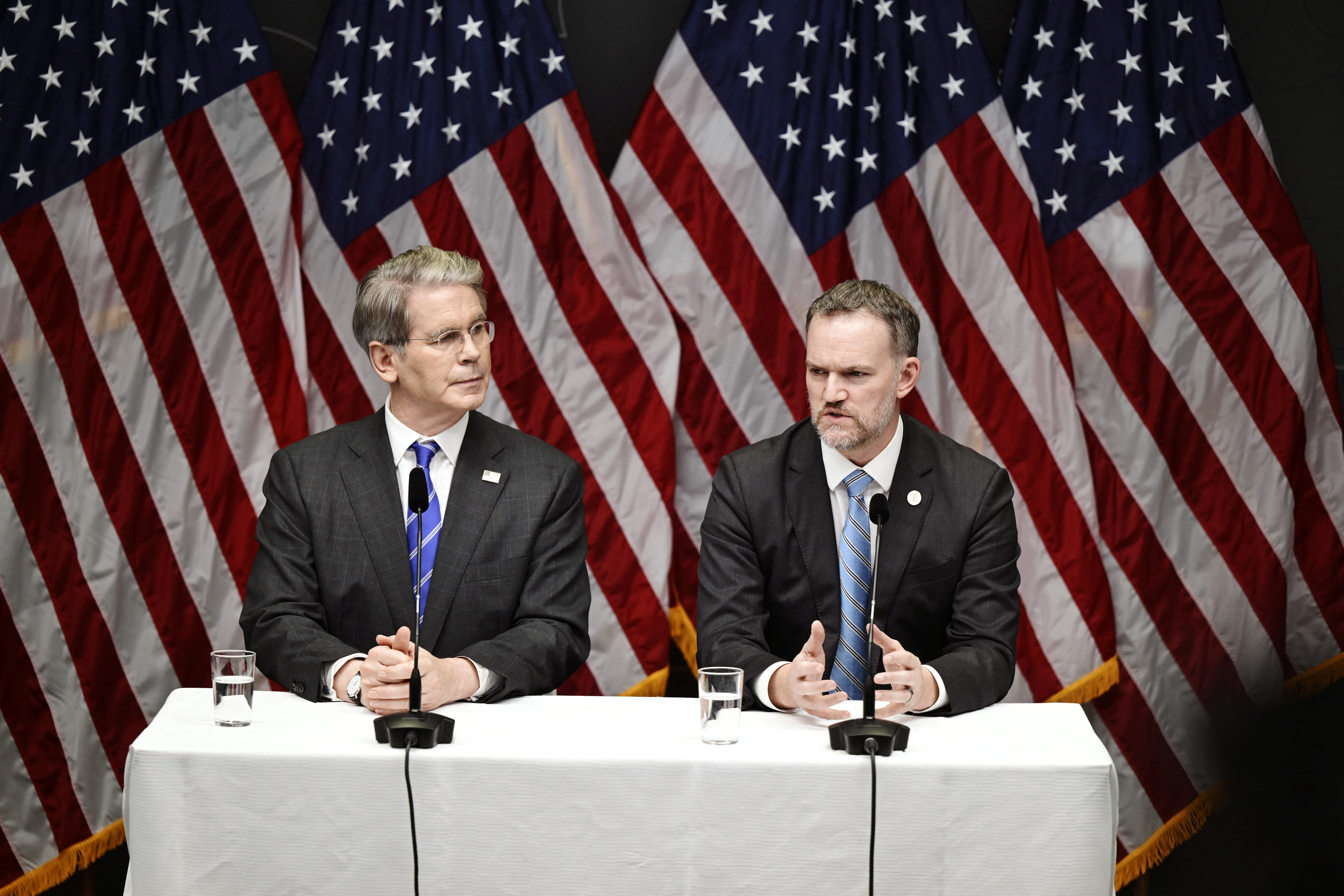 U.S. Treasury Secretary Bessent and U.S. Trade Representative Greer attend a press conference at government quarters Rosenbad