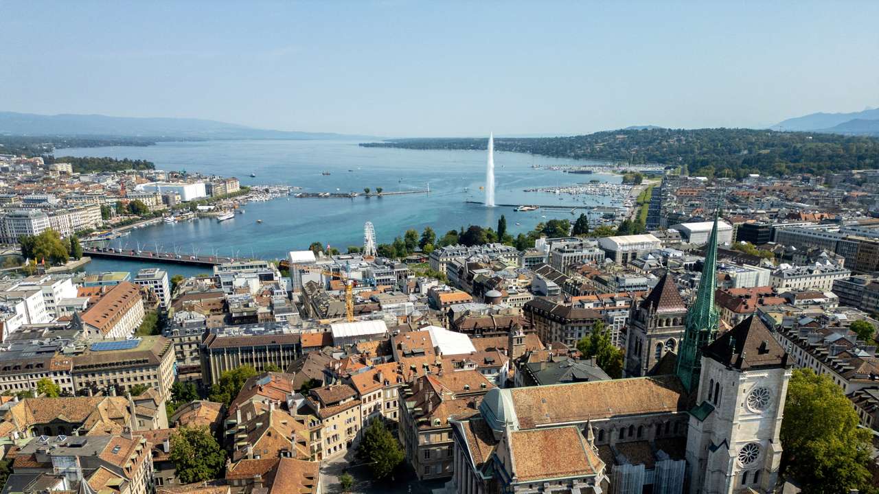 FILE PHOTO: A drone view shows the St. Pierre Cathedral and Lake Leman in Geneva