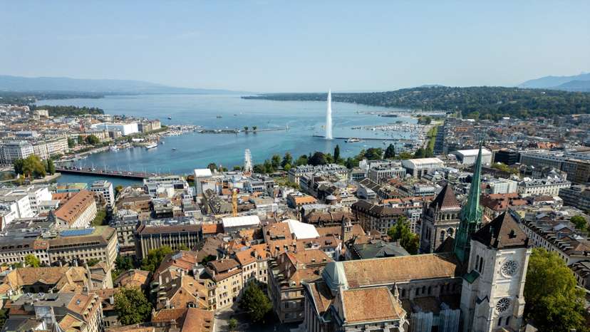 FILE PHOTO: A drone view shows the St. Pierre Cathedral and Lake Leman in Geneva