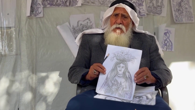 Elderly artist in Gaza camp uses charcoal drawing