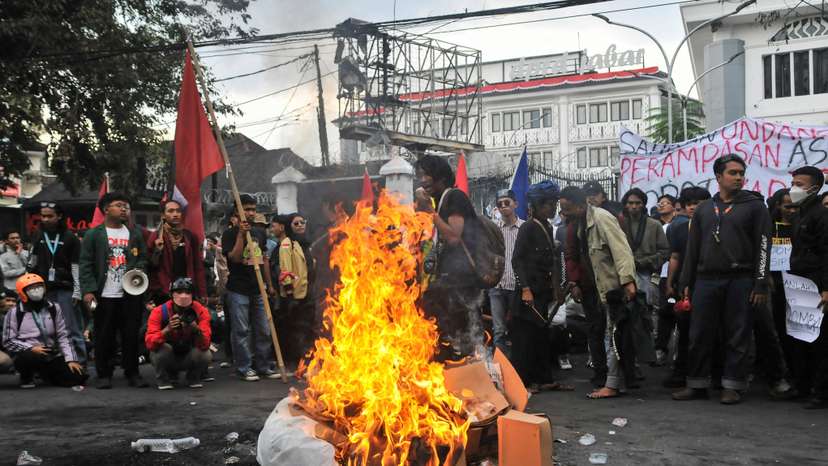 Anti-government protest outside regional parliament building in Bandung