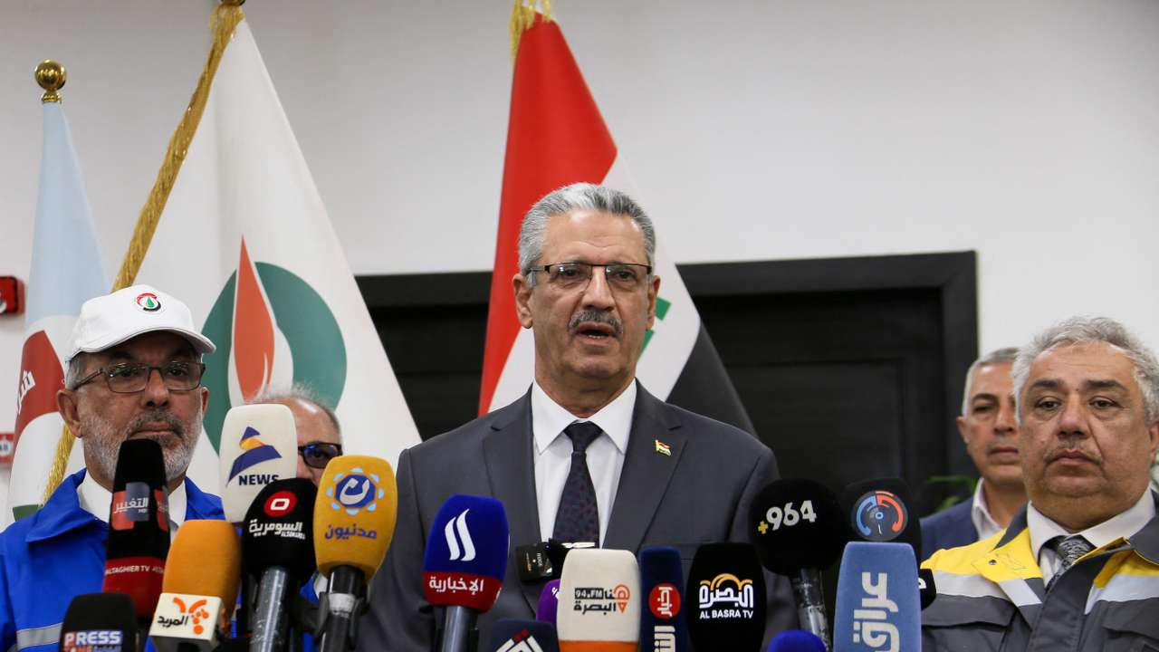 Iraq's Oil Minister Hayan Abdel-Ghani speaks to the media during a press conference at Zubair oilfield in Basra