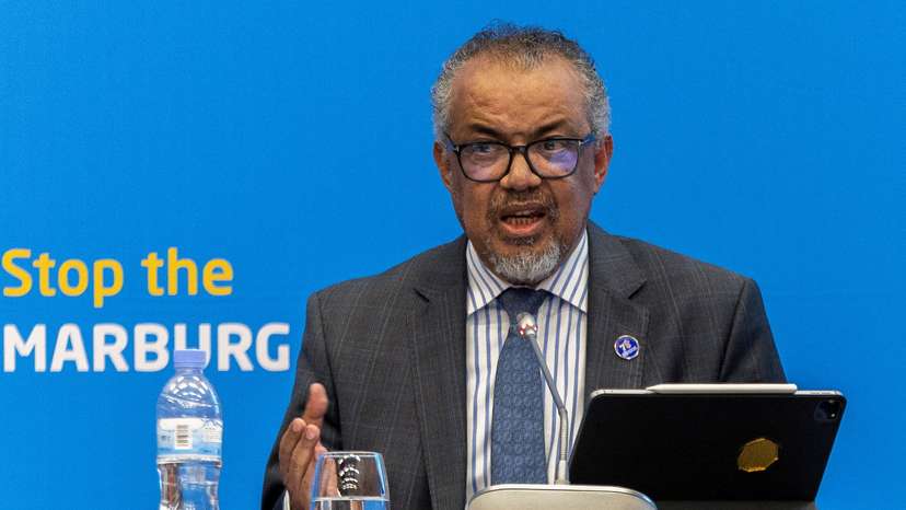 FILE PHOTO: WHO Director-General Tedros Adhanom Ghebreyesus address a press conference on the Marburg virus outbreak, in Kigali