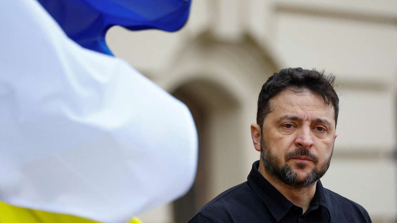 FILE PHOTO: Ukraine's President Zelenskiy waits to welcome Cyprus' President Christodoulides in Kyiv