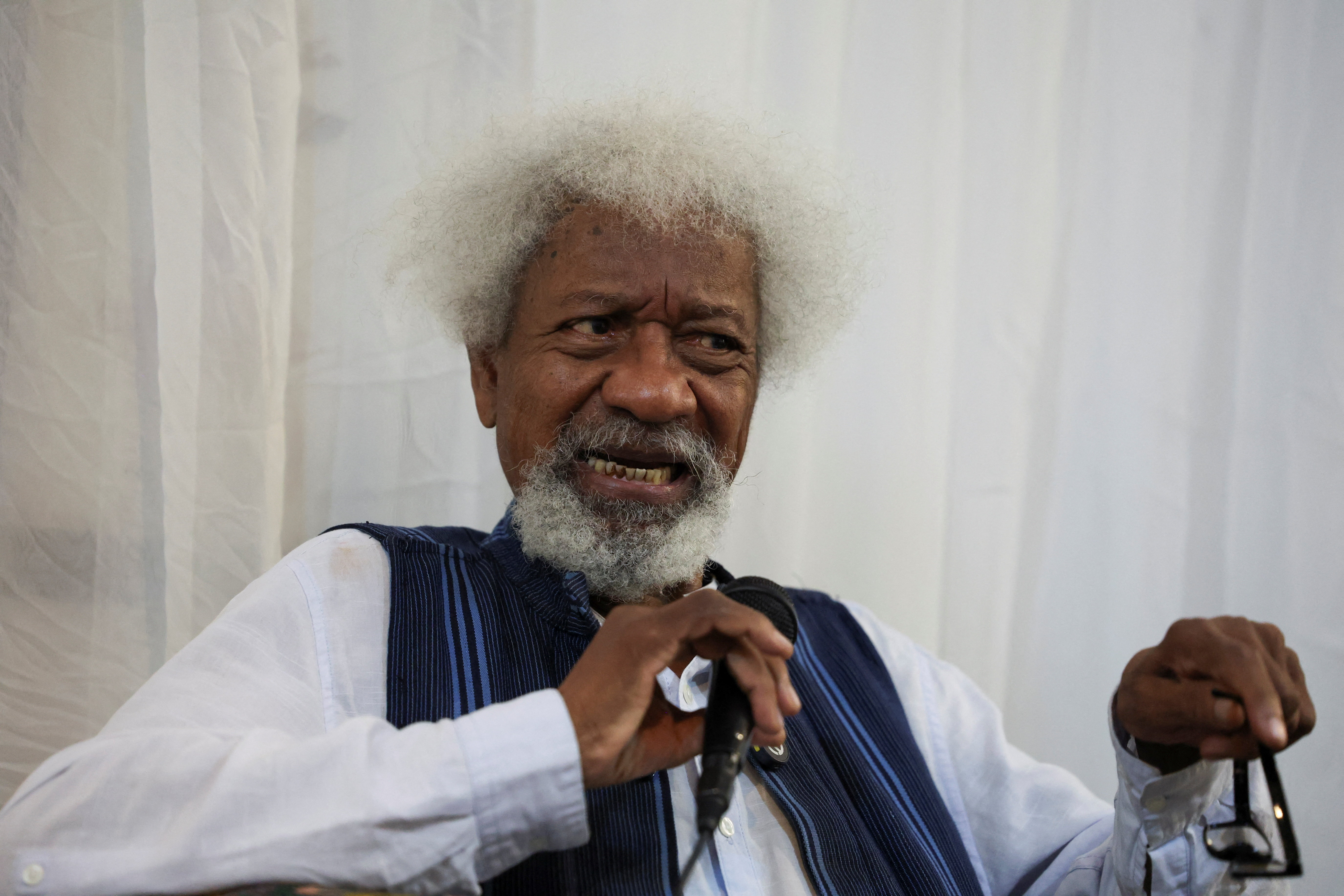 Nobel laureate Wole Soyinka responds to questions about the revocation of his U.S. visa, in Lagos