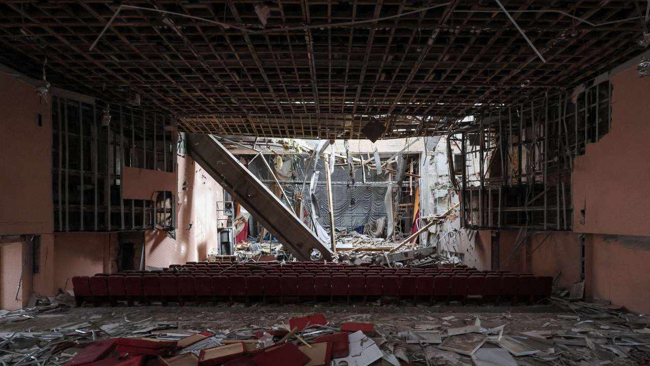 Rubble lies the main hall of a culture centre damaged by a missile attack in the town of Rylsk