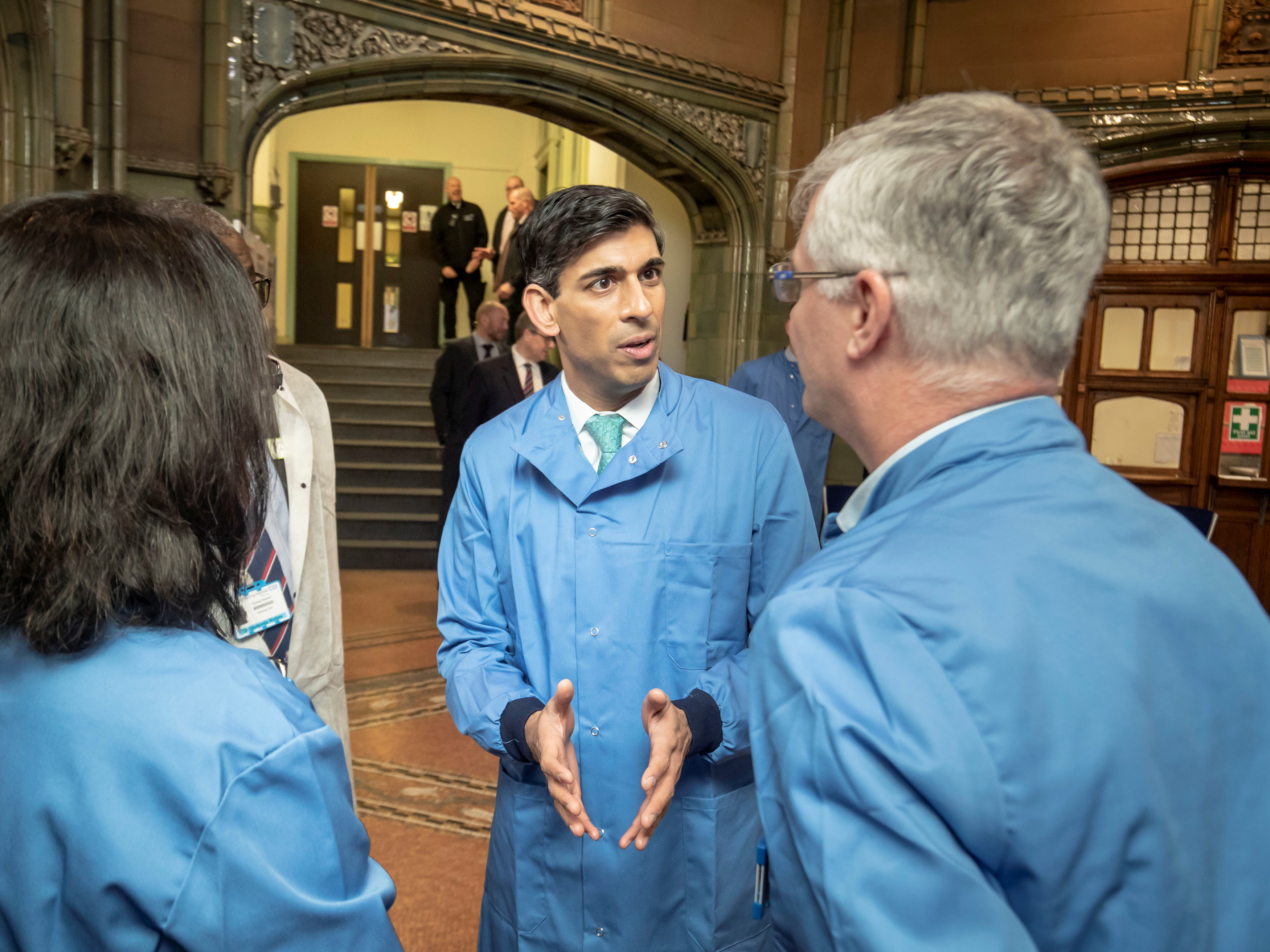 Britain's Chancellor of the Exchequer Rishi Sunak visits the pathology labs at Leeds General Infirmary, in Leeds