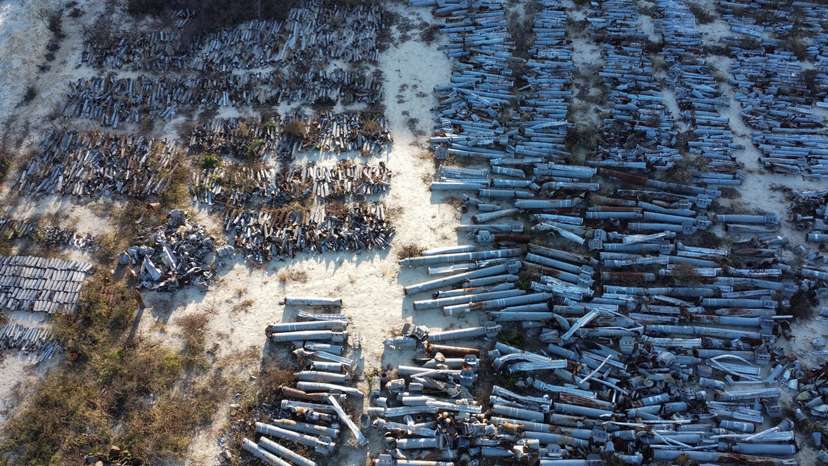 FILE PHOTO: View shows remains of MLRS and artillery shells, cruise and ballistic missiles used by Russian troops for military strikes in Kharkiv