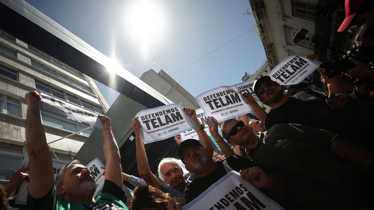 Workers of Telam protest against the company's closure in Buenos Aires