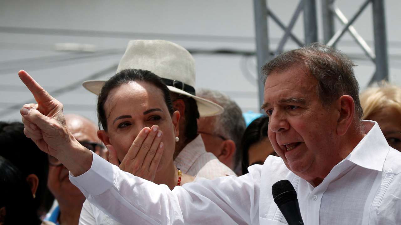 Venezuelan opposition presidential candidate Gonzalez and opposition leader Machado attend a rally in La Victoria