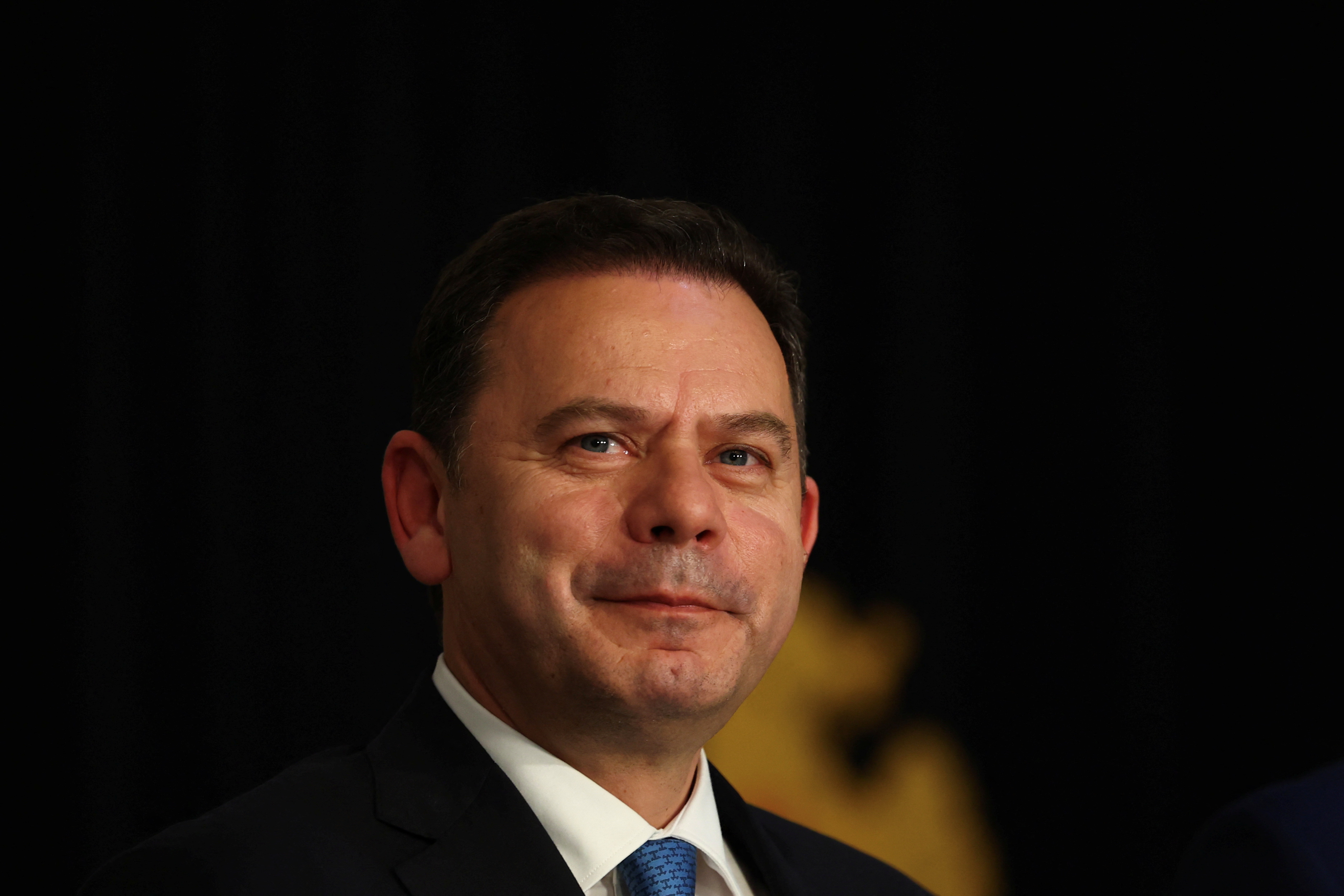 Social Democratic Party (PSD) and Democratic Alliance (AD) leader Luis Montenegro talks to the media after meeting with President Marcelo Rebelo de Sousa in Belem Palace