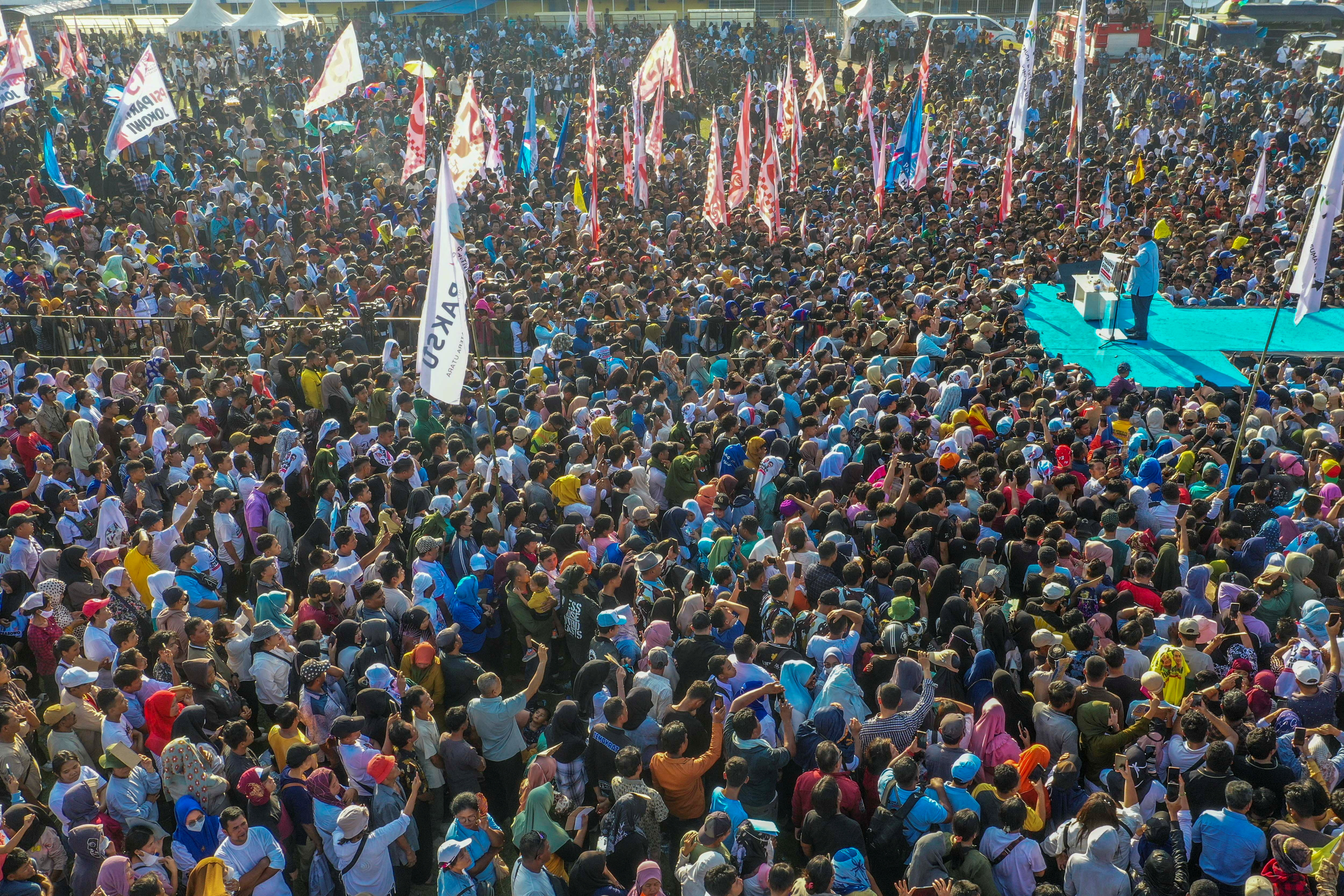 Indonesia's Defence Minister and presidential candidate Prabowo Subianto delivers his speech during his campaign rally at the Baharoeddin Siregar Stadium