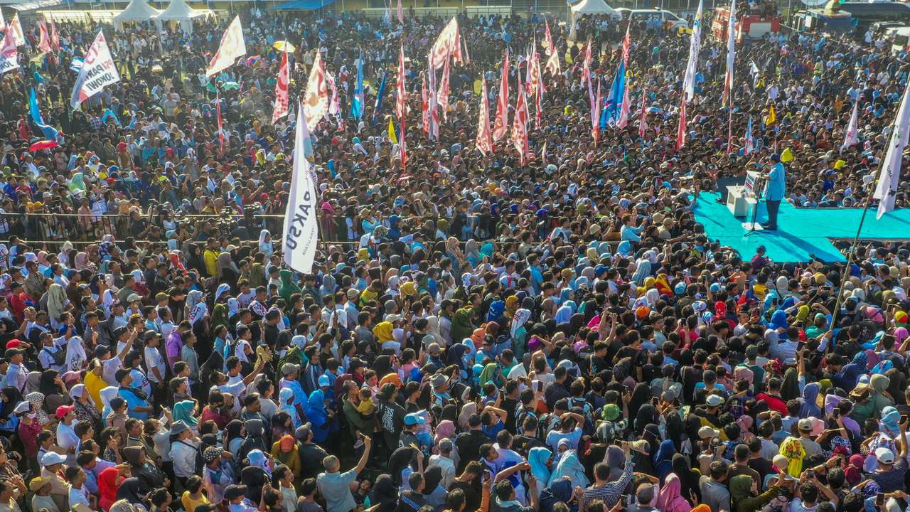 Indonesia's Defence Minister and presidential candidate Prabowo Subianto delivers his speech during his campaign rally at the Baharoeddin Siregar Stadium