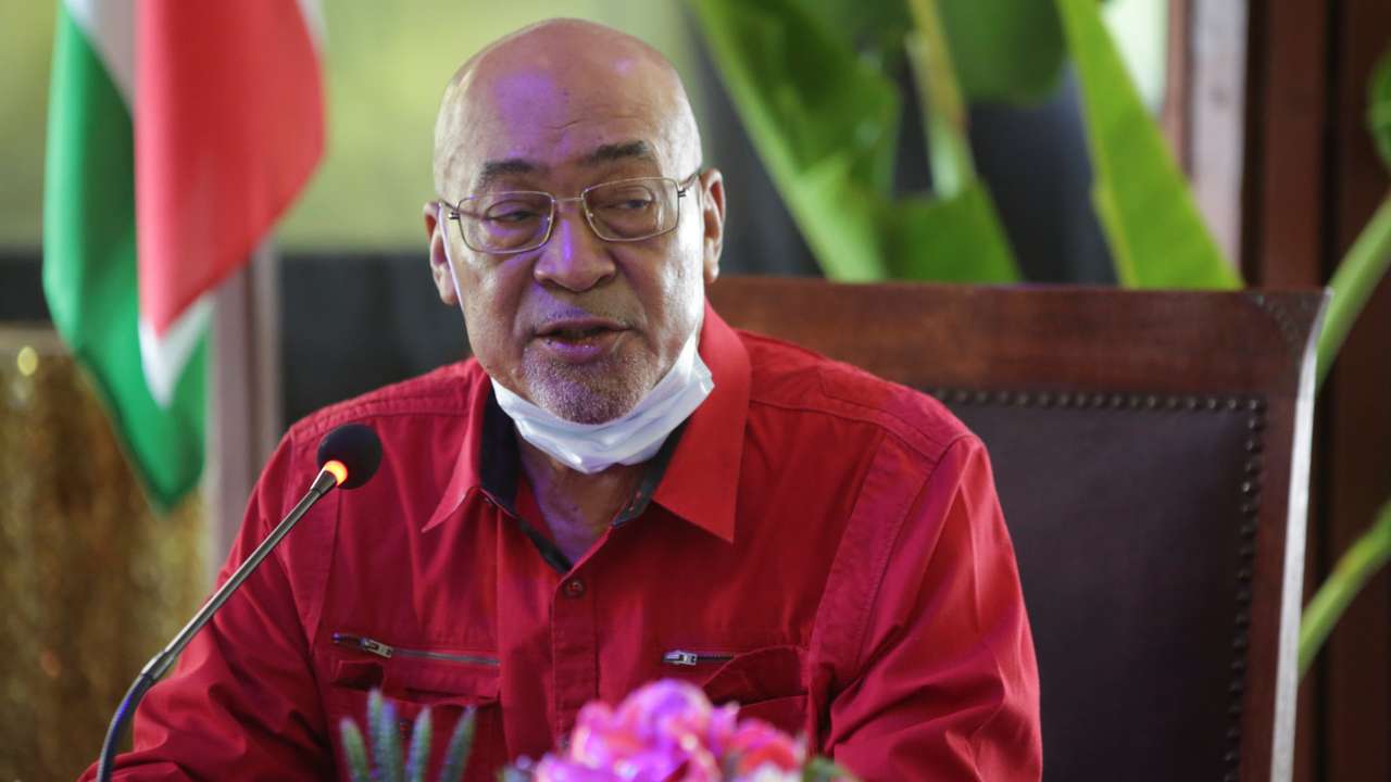 Former Suriname president Desi Bouterse speaks during a news conference in Paramaribo