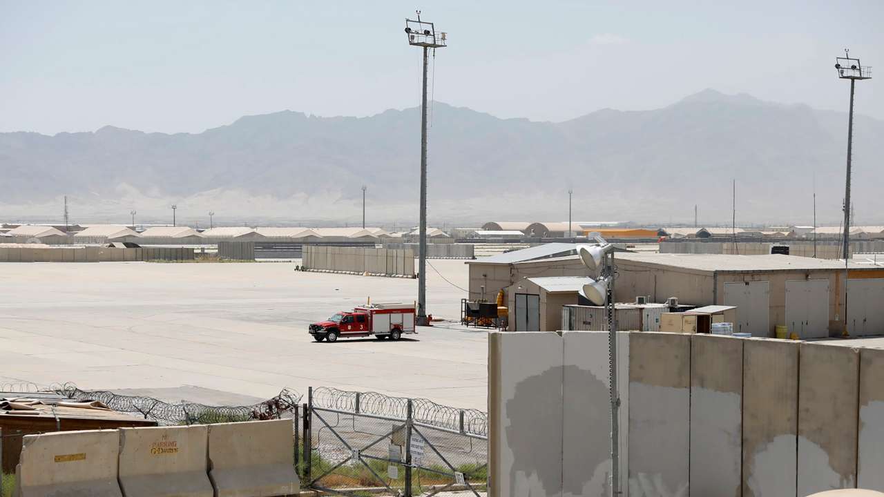 A firefighter vehicle is seen in Bagram U.S. air base, after American troops vacated it, in Parwan province