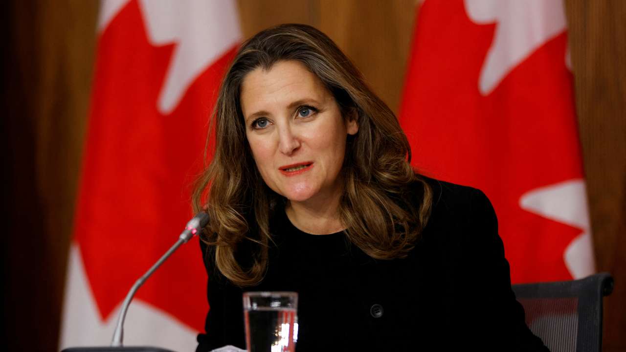 FILE PHOTO: Canada's Finance Minister Chrystia Freeland speaks to news media in Ottawa