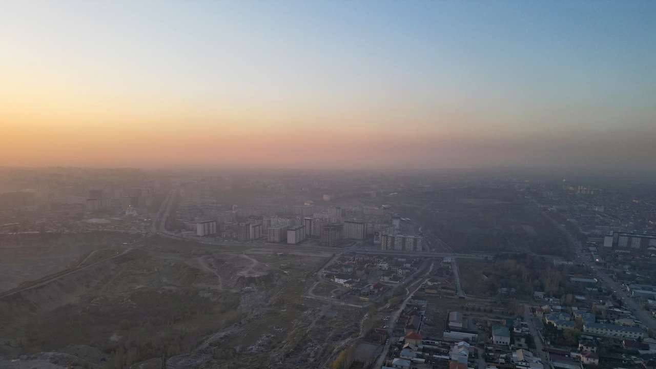 An aerial view shows the smog-shrouded city of Bishkek