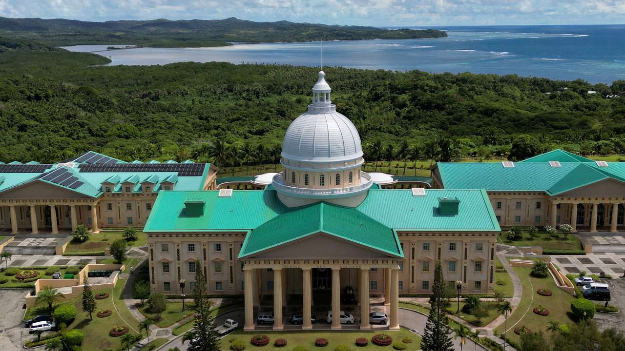 A drone view of Palau’s national Capitol Building, in Ngerulmud