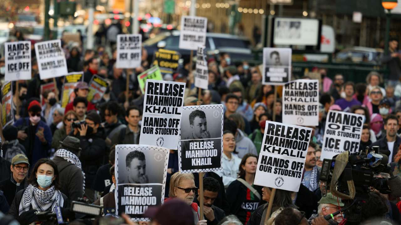 A protest following the arrest of Mahmoud Khalil at Columbia University, in New York City