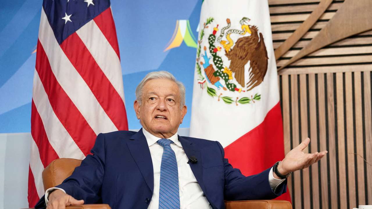 FILE PHOTO: Mexican President Lopez Obrador gestures during meeting with U.S. President Biden