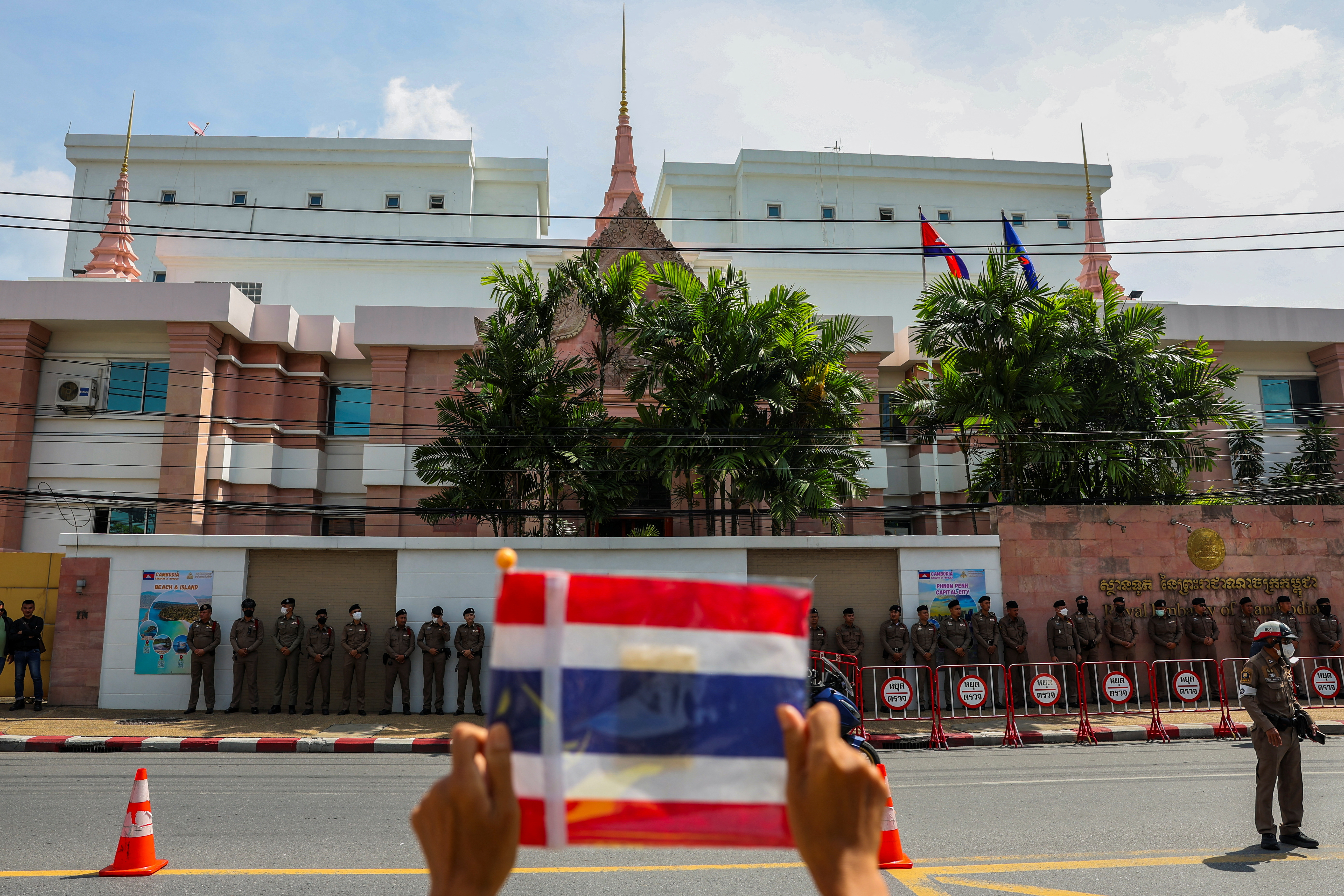 Royalist activists protest in front of the Royal Embassy of Cambodia, following a recent clash at the Thailand-Cambodia border on May 28, 2025, in Bangkok