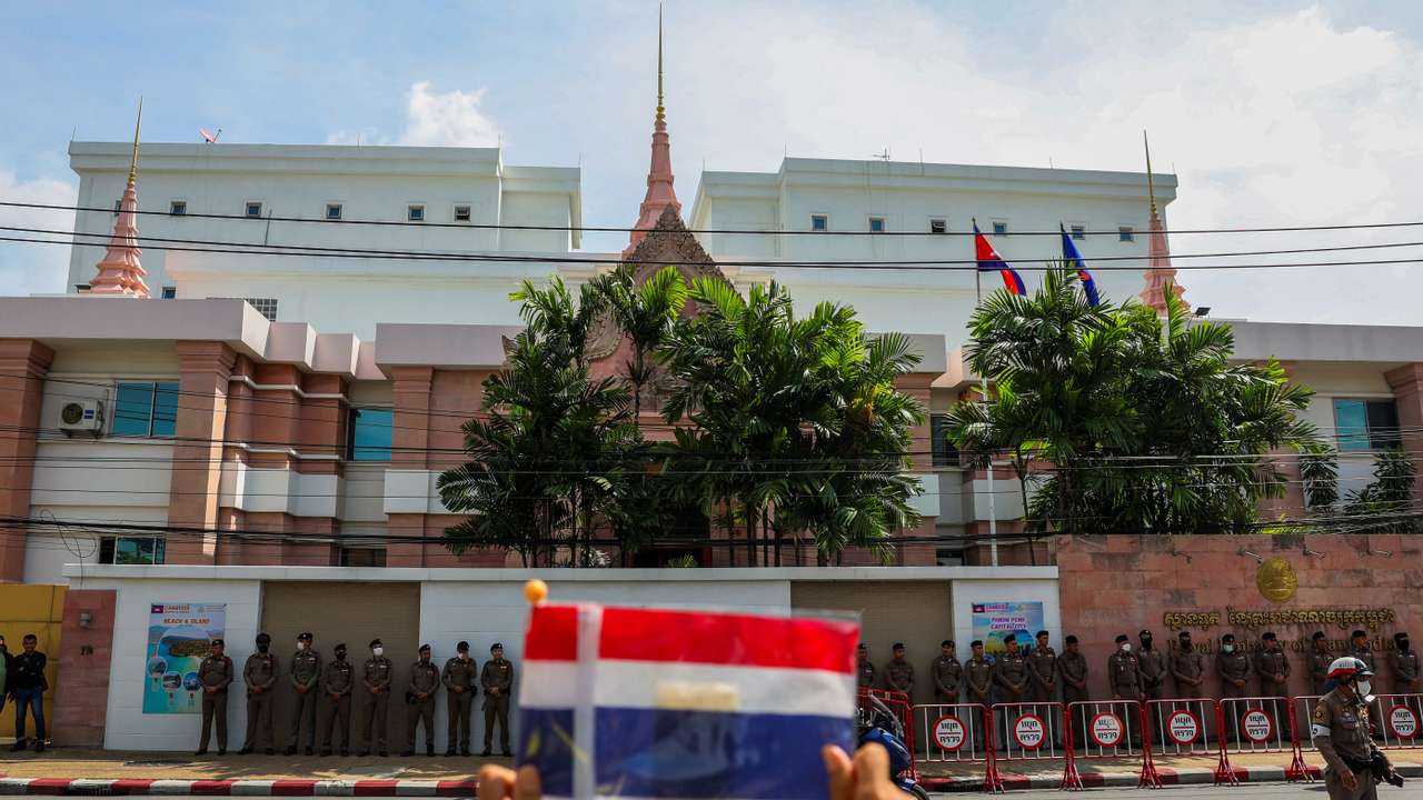 Royalist activists protest in front of the Royal Embassy of Cambodia, following a recent clash at the Thailand-Cambodia border on May 28, 2025, in Bangkok